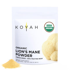 KOYAH Lion's Mane powder jar closeup; premium fruiting body texture accent