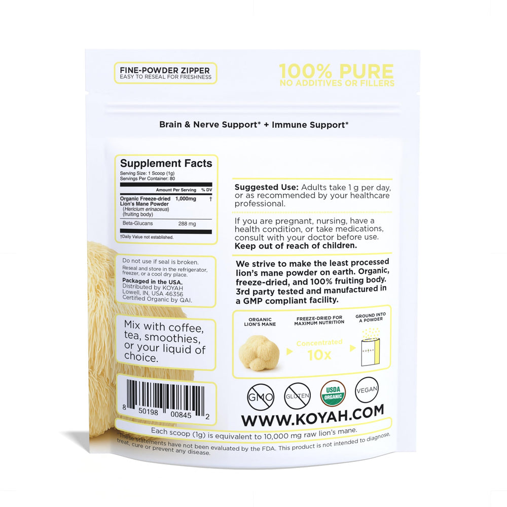 KOYAH Lion's Mane label detail; USA-grown quality and full nutrition