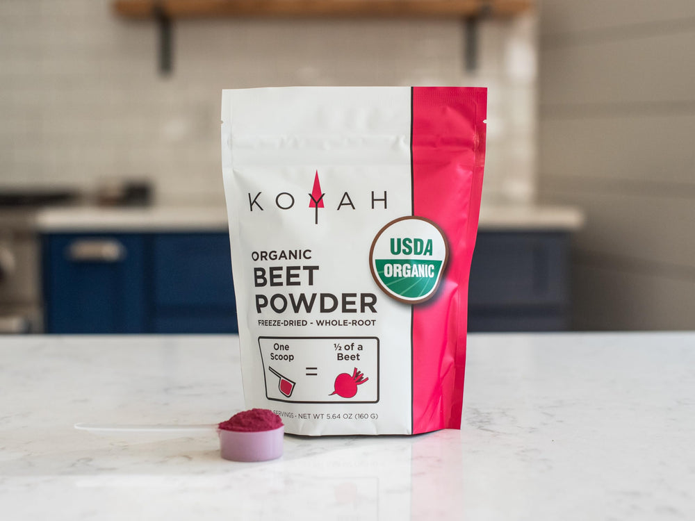 KOYAH whole-beet root powder closeup reveals rich particles.