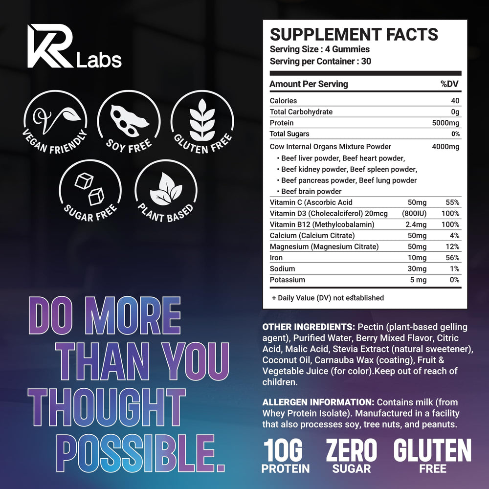 KR Labs gummy serving close-up showing 10g protein per serving.