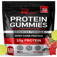KR Labs Zero Carb Watermelon Lime gummies bottle front, protein-rich on-the-go snack.