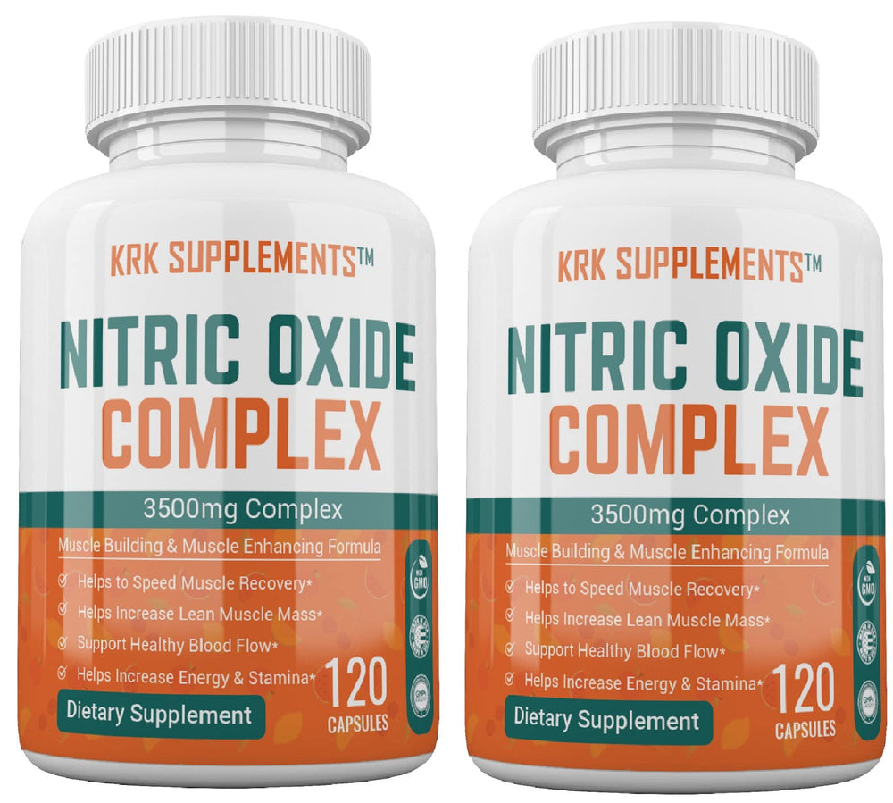 KRK Supplements Nitric Oxide bottle front displaying 3500mg per serving for enhanced blood flow.