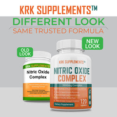 KRK Supplements Nitric Oxide capsules closeup show 3500mg complex boosting circulation.