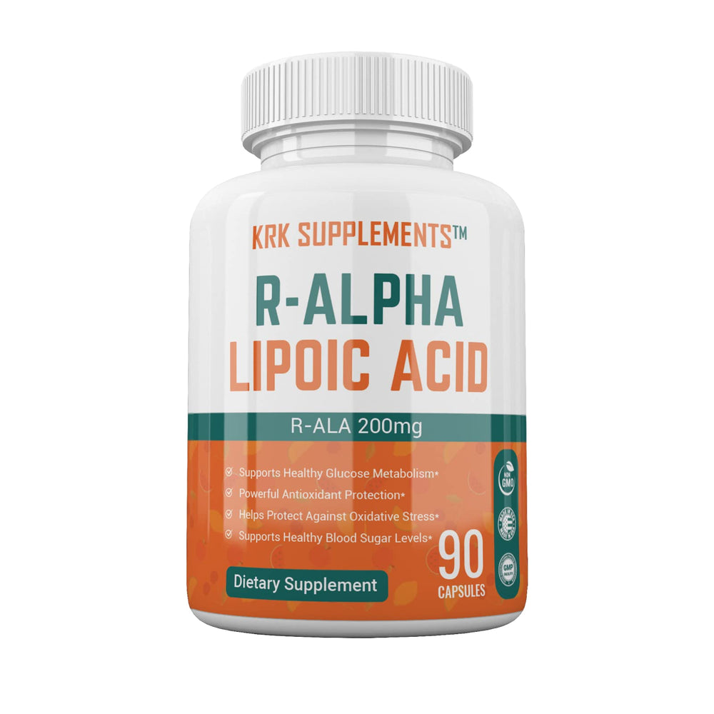 KRK Supplements R-ALA bottle front displaying 90 capsules for daily antioxidant support.