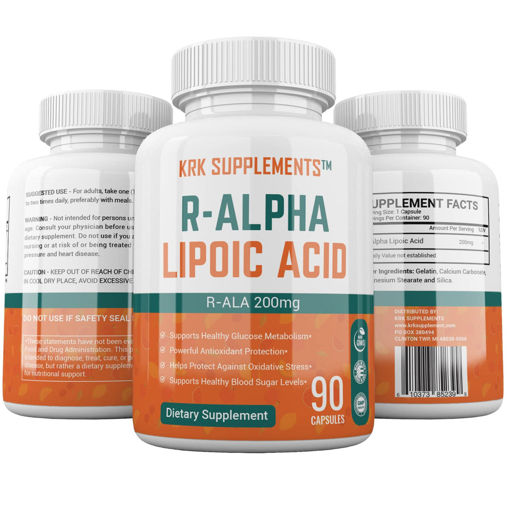 KRK Supplements R-ALA capsules arranged for a simple daily wellness routine.