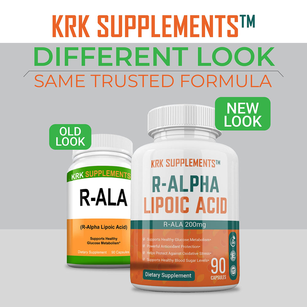 KRK Supplements R-ALA label close-up highlighting 200 mg per capsule for potency.