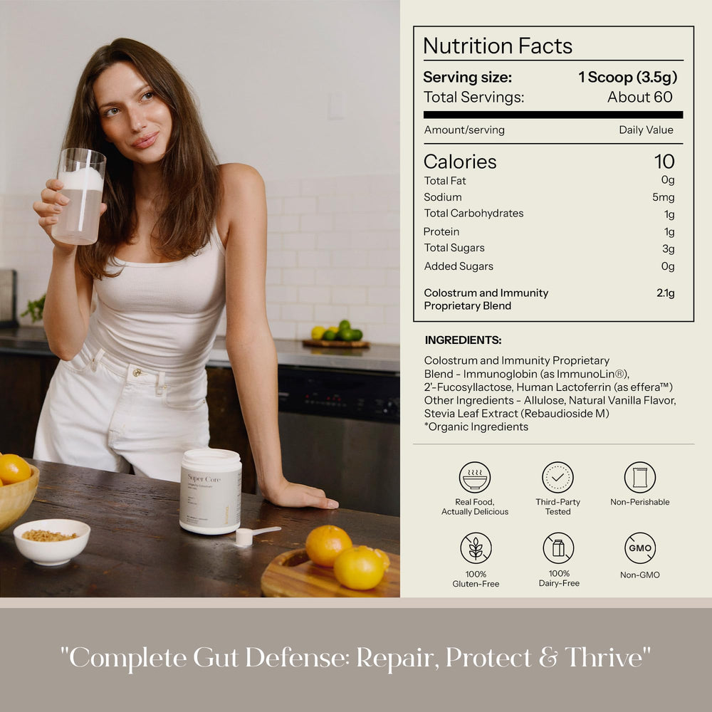 Close-up of the ImmunoLin label highlighting dairy-free formula and key ingredients.