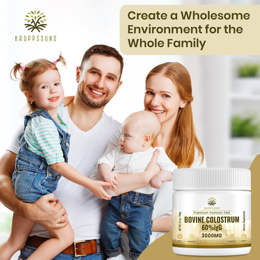 Kroppssund Bovine Colostrum powder jar label communicates grass-fed sourcing and quality.