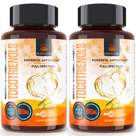 Kroppssund Tocotrienols 800mg bottle showing 120 liquid capsules for daily use