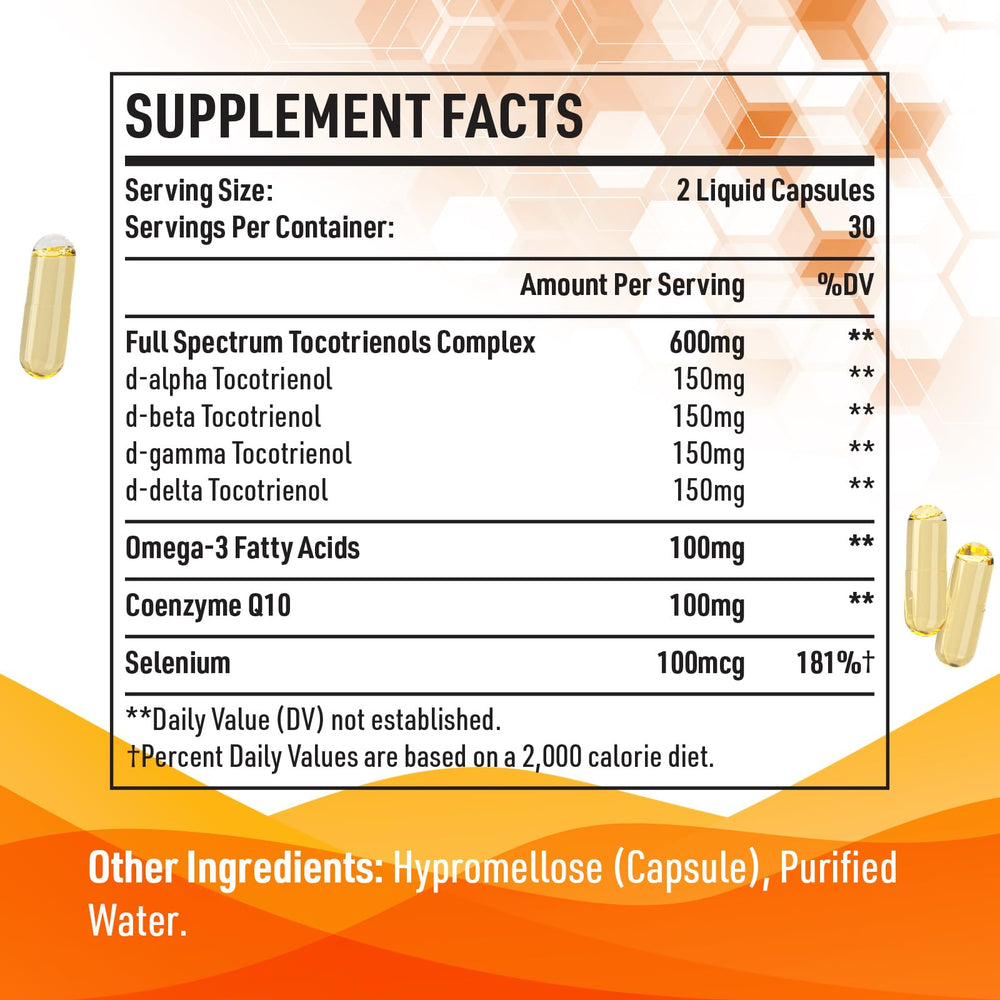 Close-up of Kroppssund Tocotrienols liquid capsules highlighting enhanced dispersion