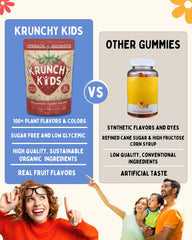 Close-up of a child enjoying Krunchy Kids gummies as a tasty daily habit.