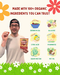 Vegan symbol on Krunchy Kids packaging emphasizes plant-based nutrition.