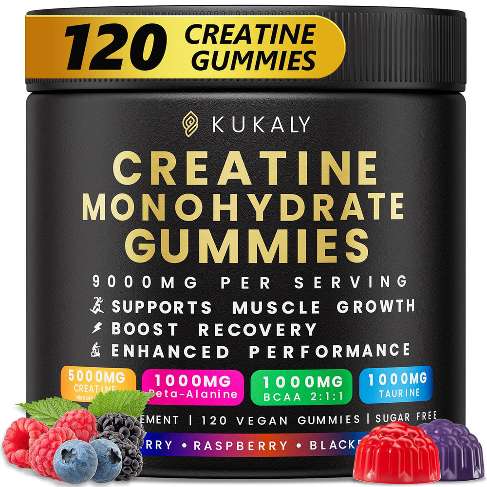 Kukaly Creatine Gummies bottle front highlighting vegan, sugar-free formula for active lifestyles.