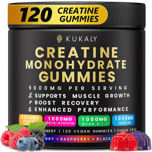 Kukaly Creatine Gummies bottle front highlighting vegan, sugar-free formula for active lifestyles.