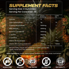 Gummies label highlights BCAA, taurine, and vitamins for recovery