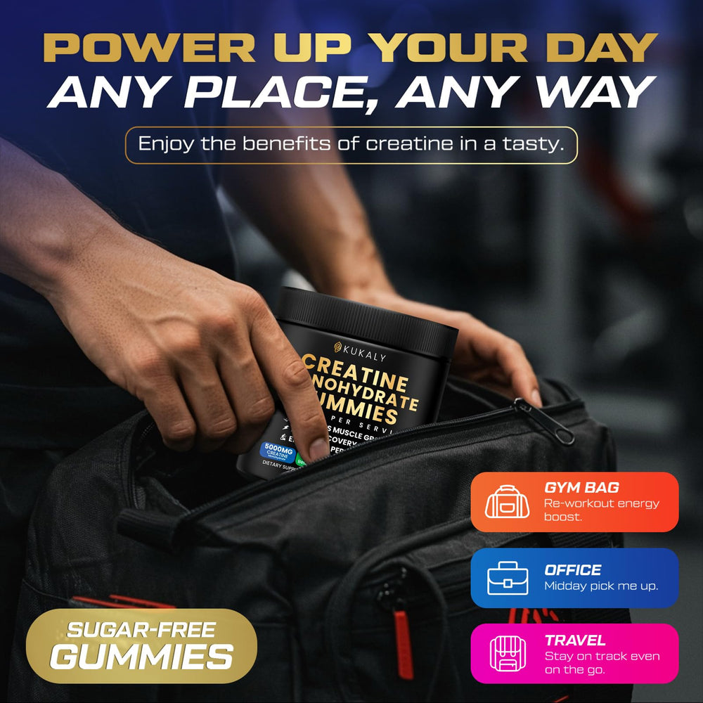 KUKALY Creatine gummies serving shot highlights four-gummy portion for convenience