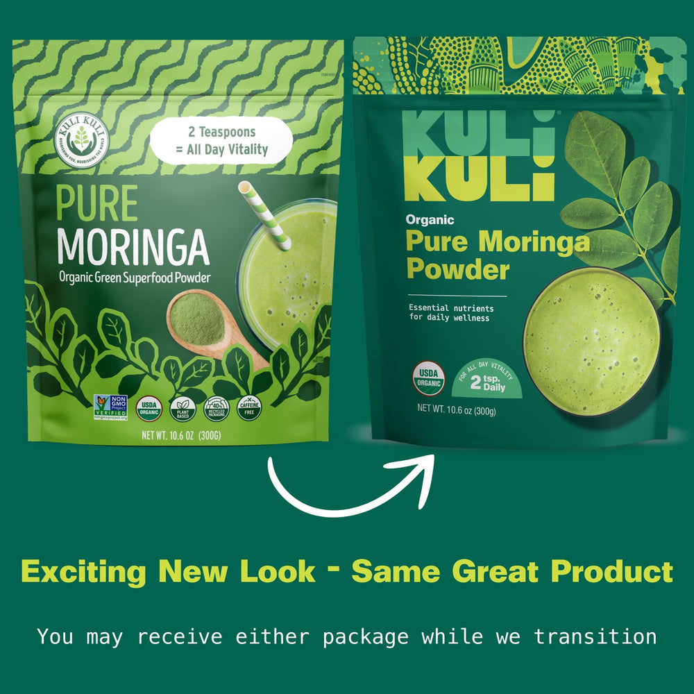 Kuli Kuli Moringa powder scoop ready to add to smoothies