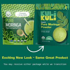 Kuli Kuli Moringa powder scoop ready to add to smoothies