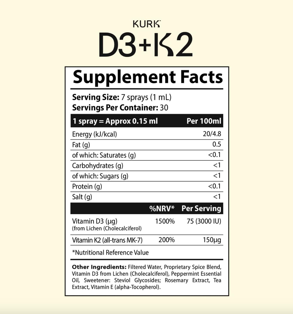 Kurk UK-made vitamin D3 K2 supplement from a trusted facility.