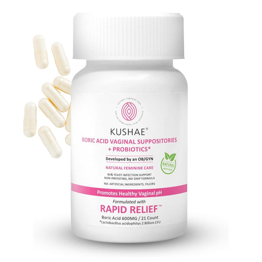 Kushae boric acid suppositories bottle for gentle balance and comfortable daily use.