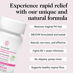 Kushae packaging highlights natural ingredients and probiotic blend for daily balance.