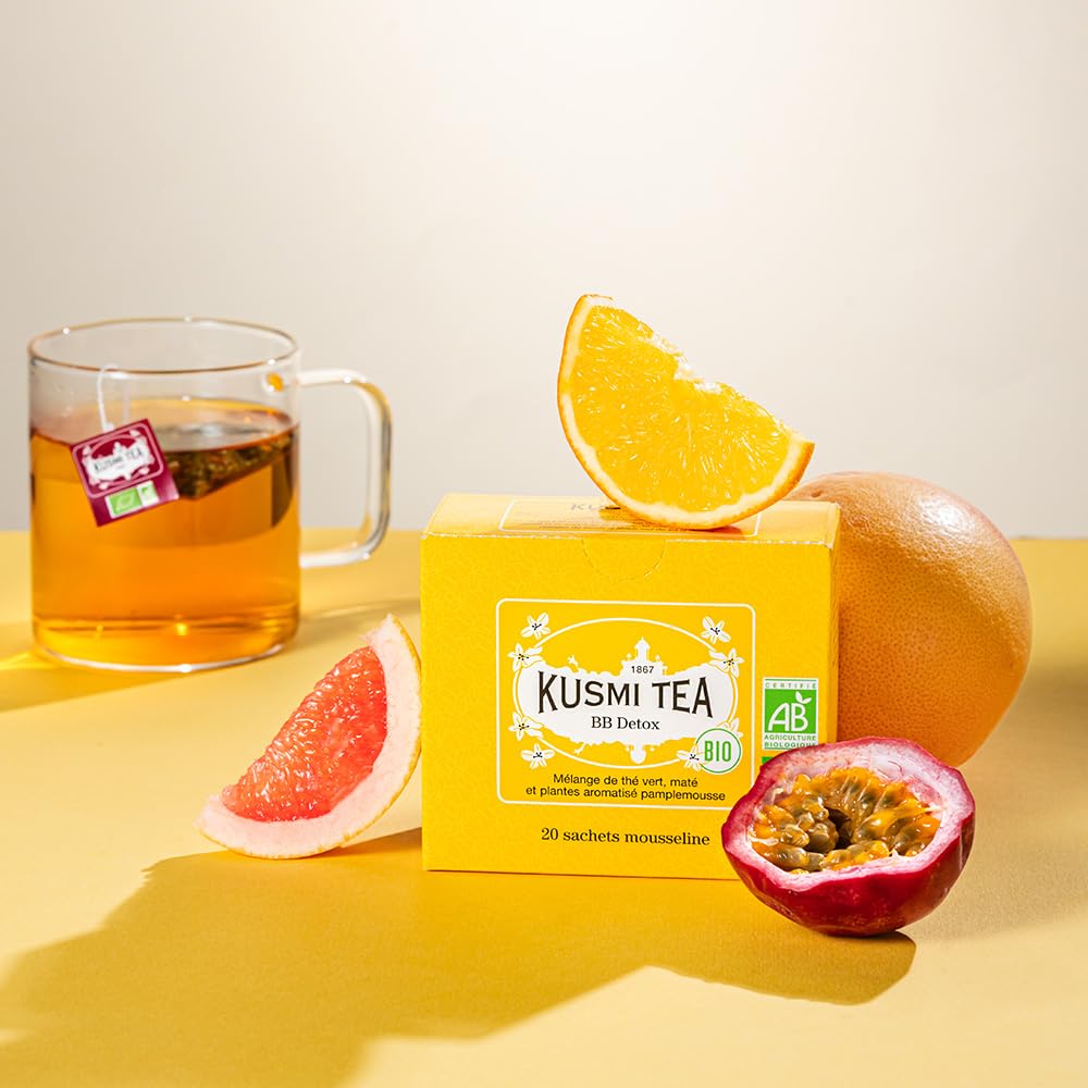 Kusmi Tea BB Detox green tea blend leaves in a light, natural lineup.