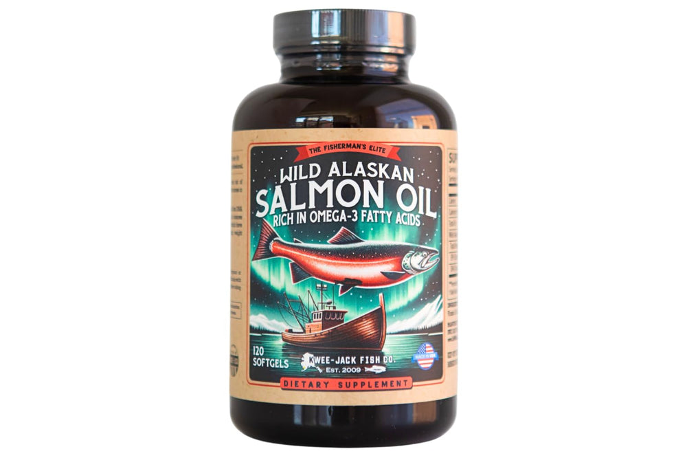 Kwee-Jack Salmon Oil bottle with omega-3 softgels for daily wellness.
