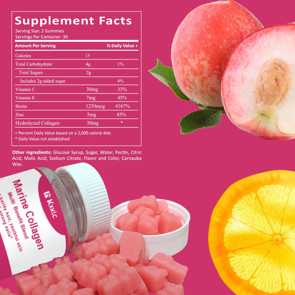 KXKLC label detail emphasizes Vitamin C, Zinc, Biotin, and hydrolyzed marine collagen