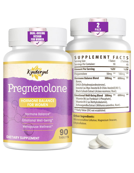 Kynderynl Pregnenolone 50 mg chewable tablet close-up for daily balance.
