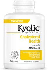 Kyolic 104 garlic extract with lecithin bottle back; notes 300 mg aged garlic extract and 190 mg lecithin.
