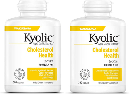 Kyolic 104 garlic extract with lecithin bottle front; supports healthy cholesterol levels.