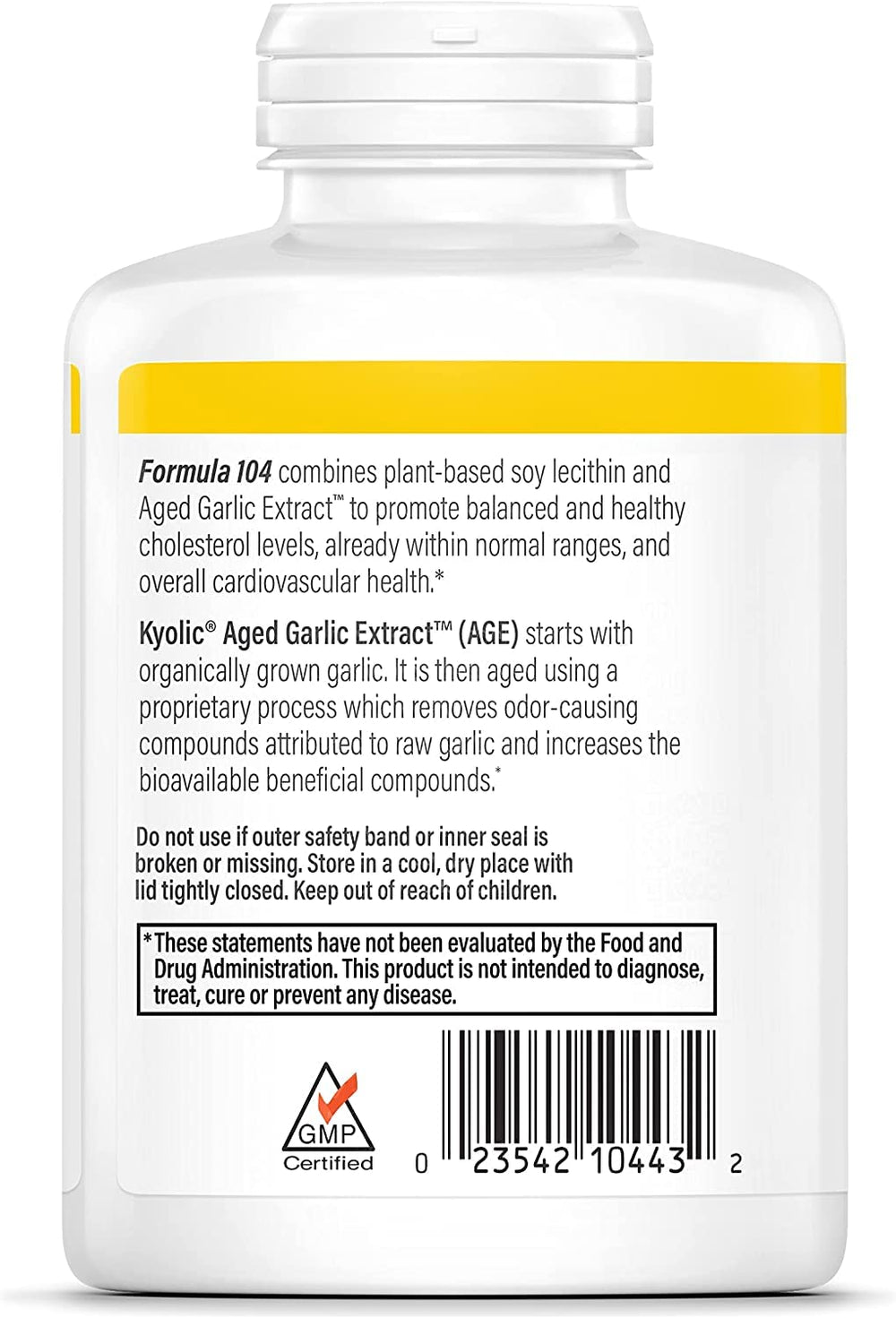 Kyolic 104 garlic extract with lecithin capsules closeup; convenient daily capsules for routine use.