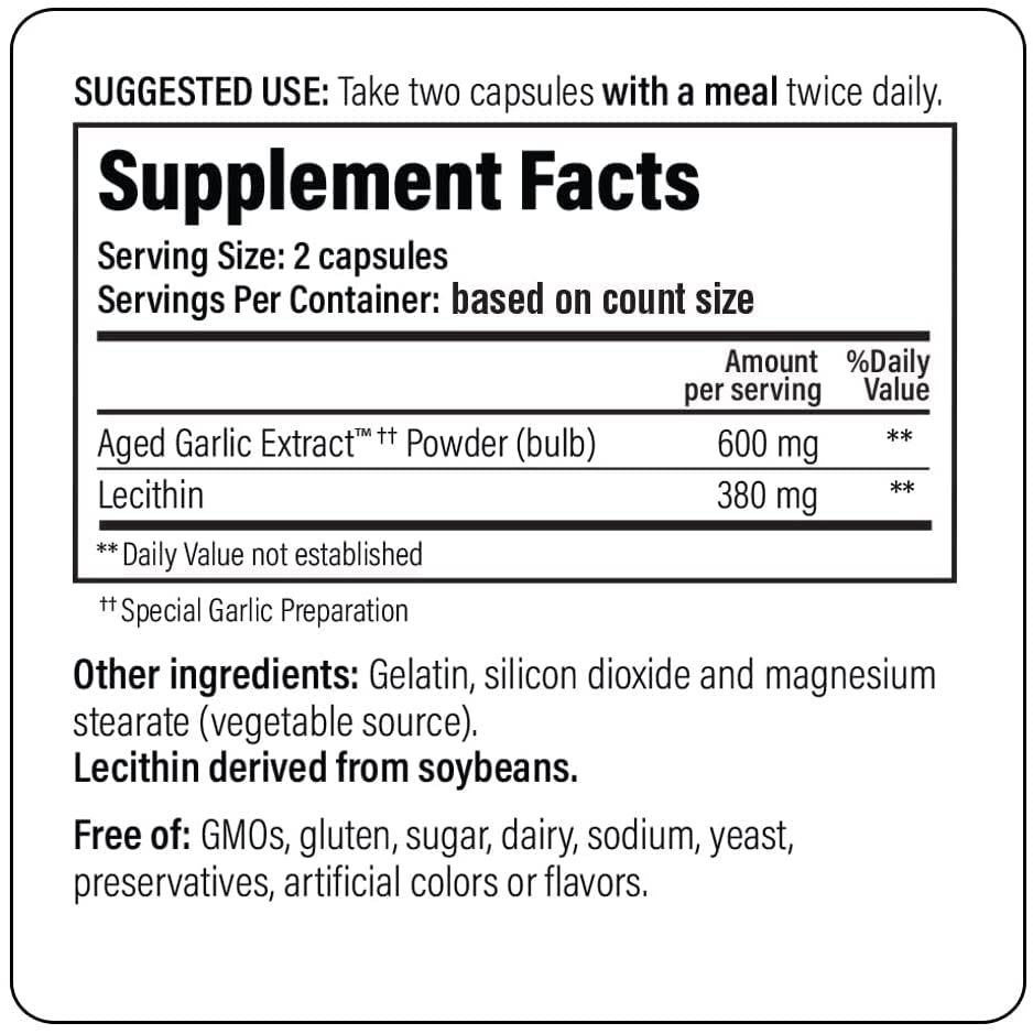 Kyolic 104 garlic extract with lecithin label detail; dosage and ingredients are clearly listed.