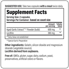 Kyolic 104 garlic extract with lecithin label detail; dosage and ingredients are clearly listed.