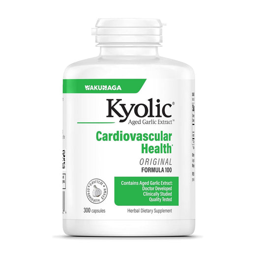 Kyolic Aged Garlic Extract Formula 100 bottle front view highlighting odorless cardiovascular support