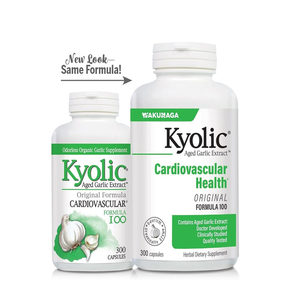 Kyolic Aged Garlic Extract Formula 100 capsules stack illustrates abundant supply