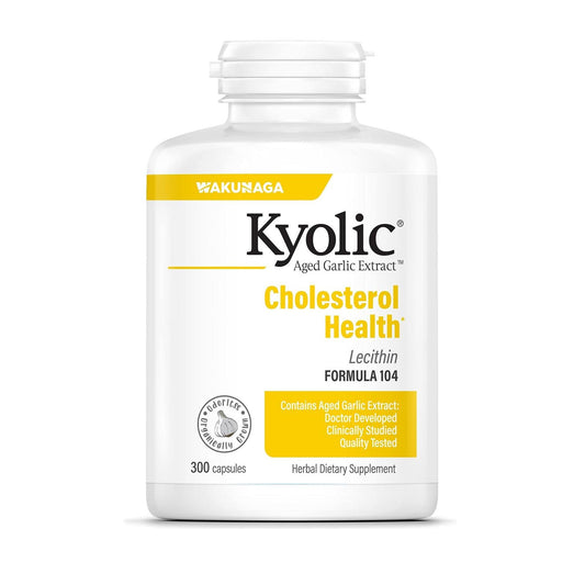 Kyolic Aged Garlic Extract Formula 104 bottle front view highlighting odorless aging garlic for immune support.