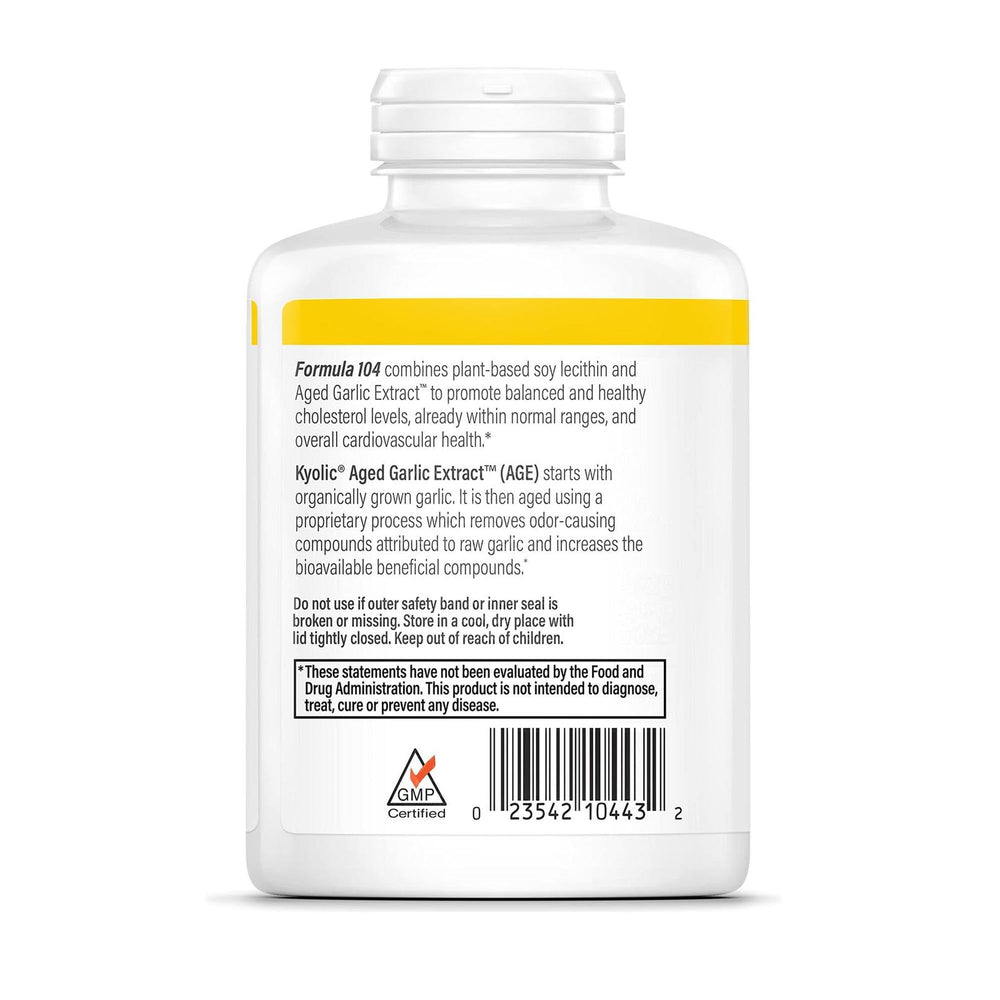 Kyolic Aged Garlic Extract Formula 104 label close-up suggesting organic origin and cardiovascular wellness support.