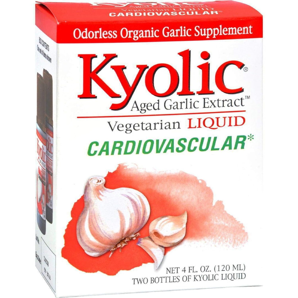 Kyolic aged garlic extract label emphasizes organic origin and aging benefits.