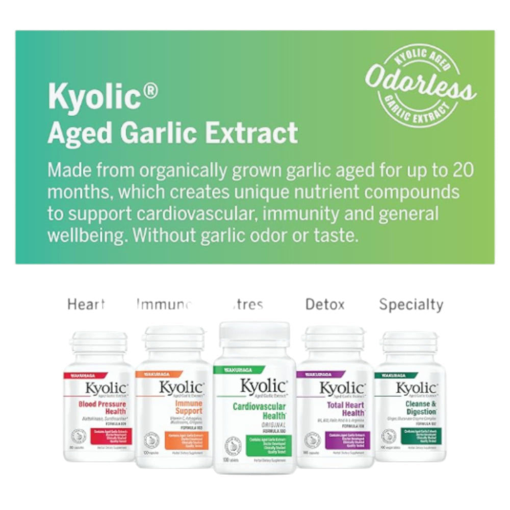 Kyolic bottle packaging highlights Kyo-Life branding and odorless garlic benefits.