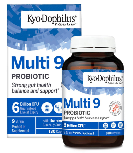 Kyolic Kyo-Dophilus Multi 9 probiotic bottle showing nine strains for balanced digestion.