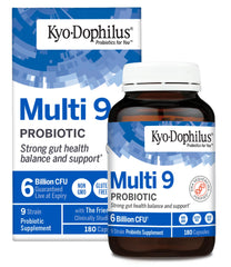 Kyolic Kyo-Dophilus Multi 9 probiotic bottle showing nine strains for balanced digestion.