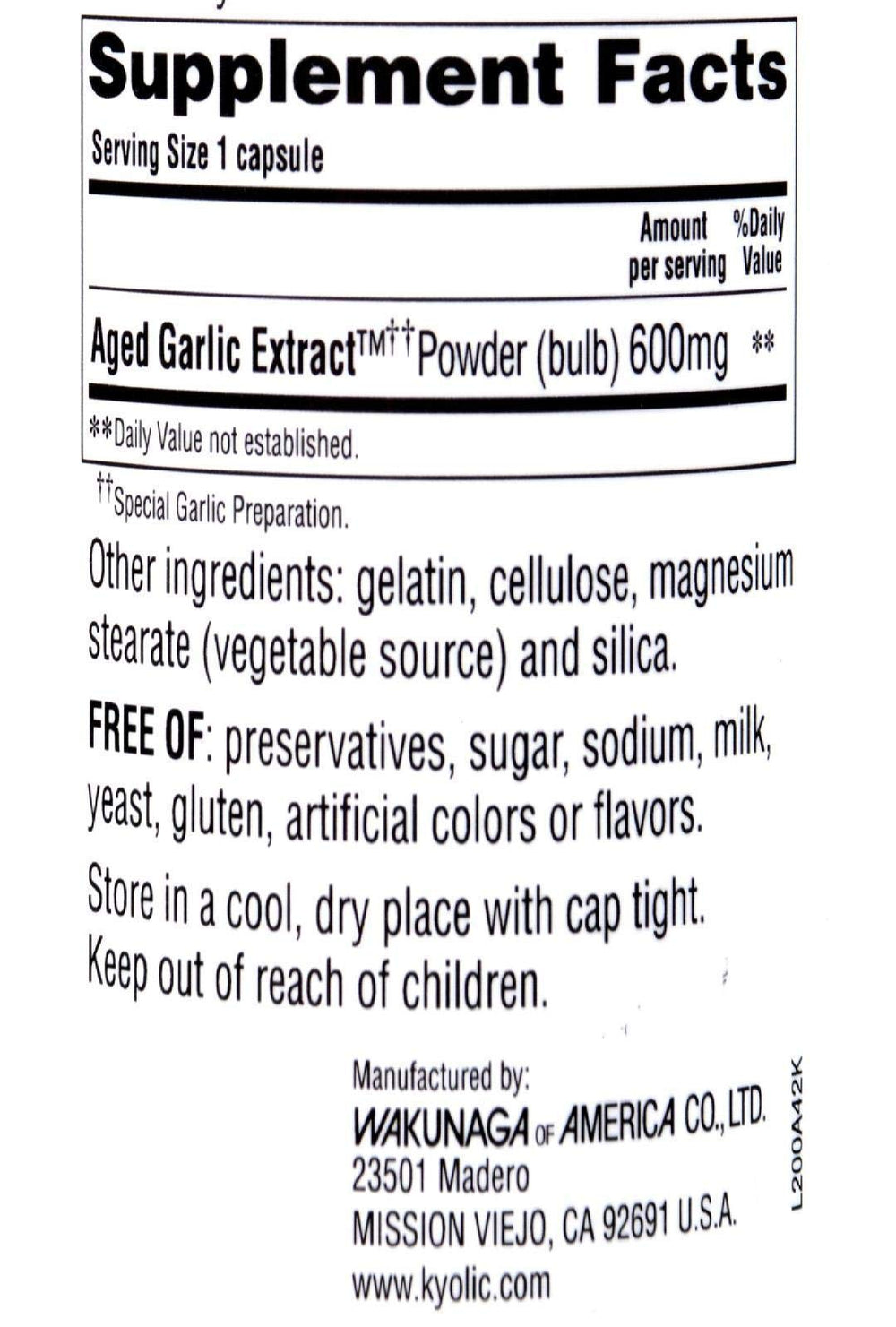 Kyolic Reserve Aged Garlic Extract ingredients label; gluten-free, non-GMO formulation supports dietary choices.