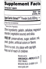 Kyolic Reserve Aged Garlic Extract ingredients label; gluten-free, non-GMO formulation supports dietary choices.