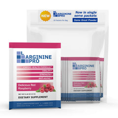 L-Arginine Pro Grapeberry packet shown on a shaker for workout stamina.
