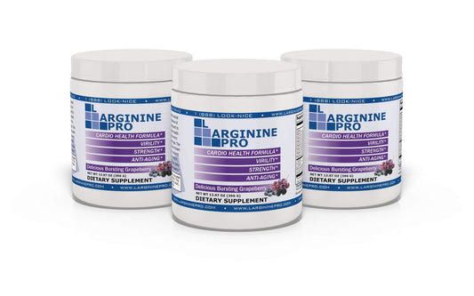 L-ARGININE PRO grapeberry powder in a tub boosts workout energy