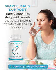 LA Cleanse Water Flush ingredients graphic features dandelion and potassium for hydration.