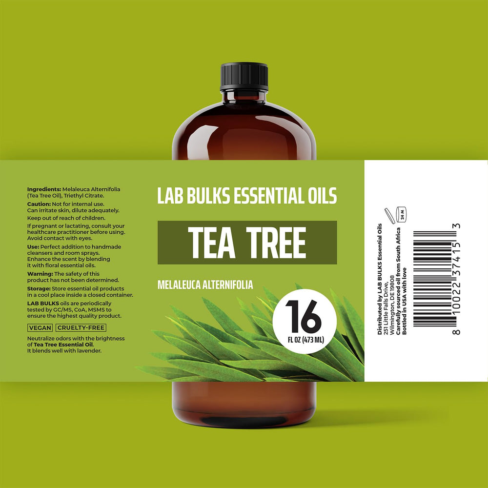 Lab Bulks Tea Tree Oil label close-up highlighting steam-distilled quality.
