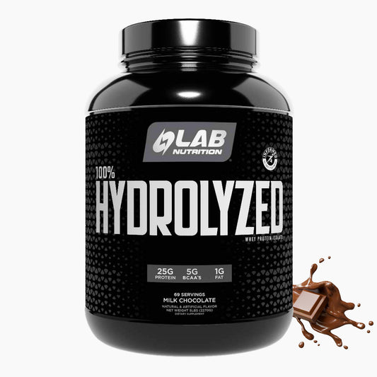 LAB NUTRITION hydrolyzed whey isolate bottle shows fast digestion and high protein per serving