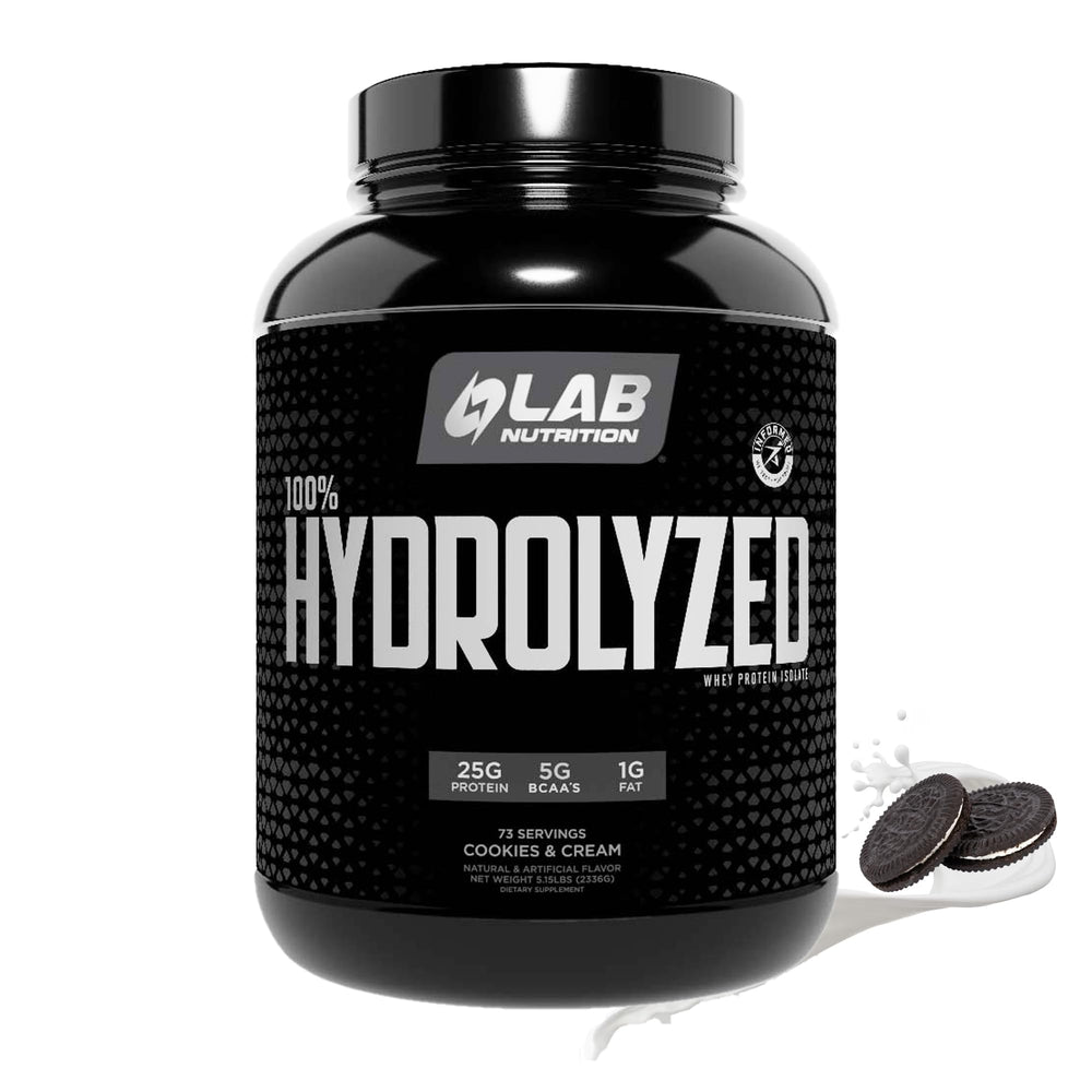 LAB NUTRITION hydrolyzed whey isolate cookie cream powder showing high protein formula for lean muscle support.